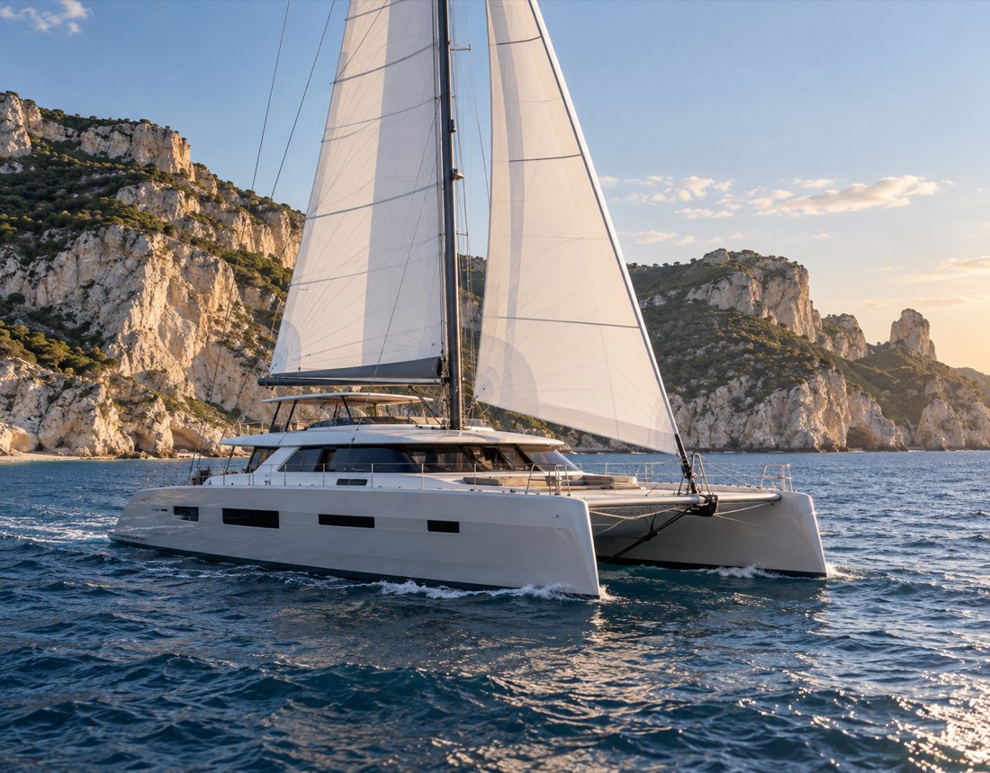 Illustrative image of a large sailing catamaran off Sardinia