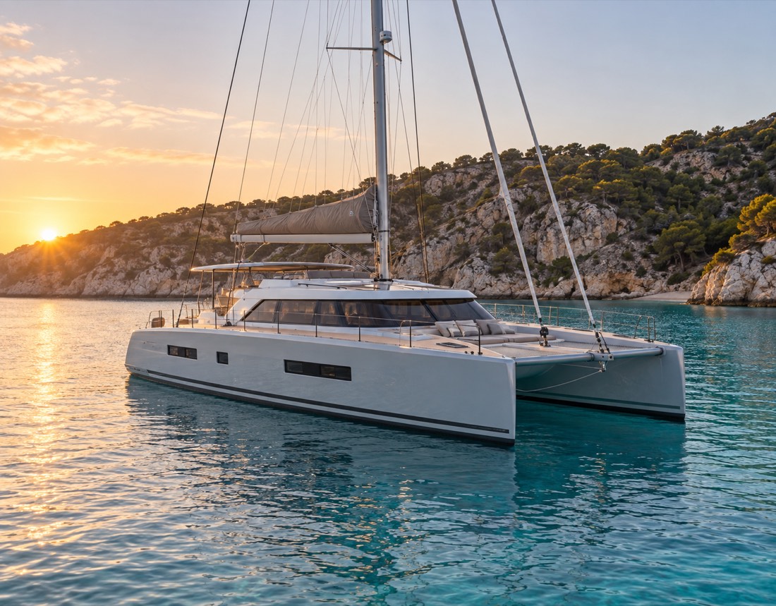 Illustrative image of a sailing catamaran in a Mediterranean bay