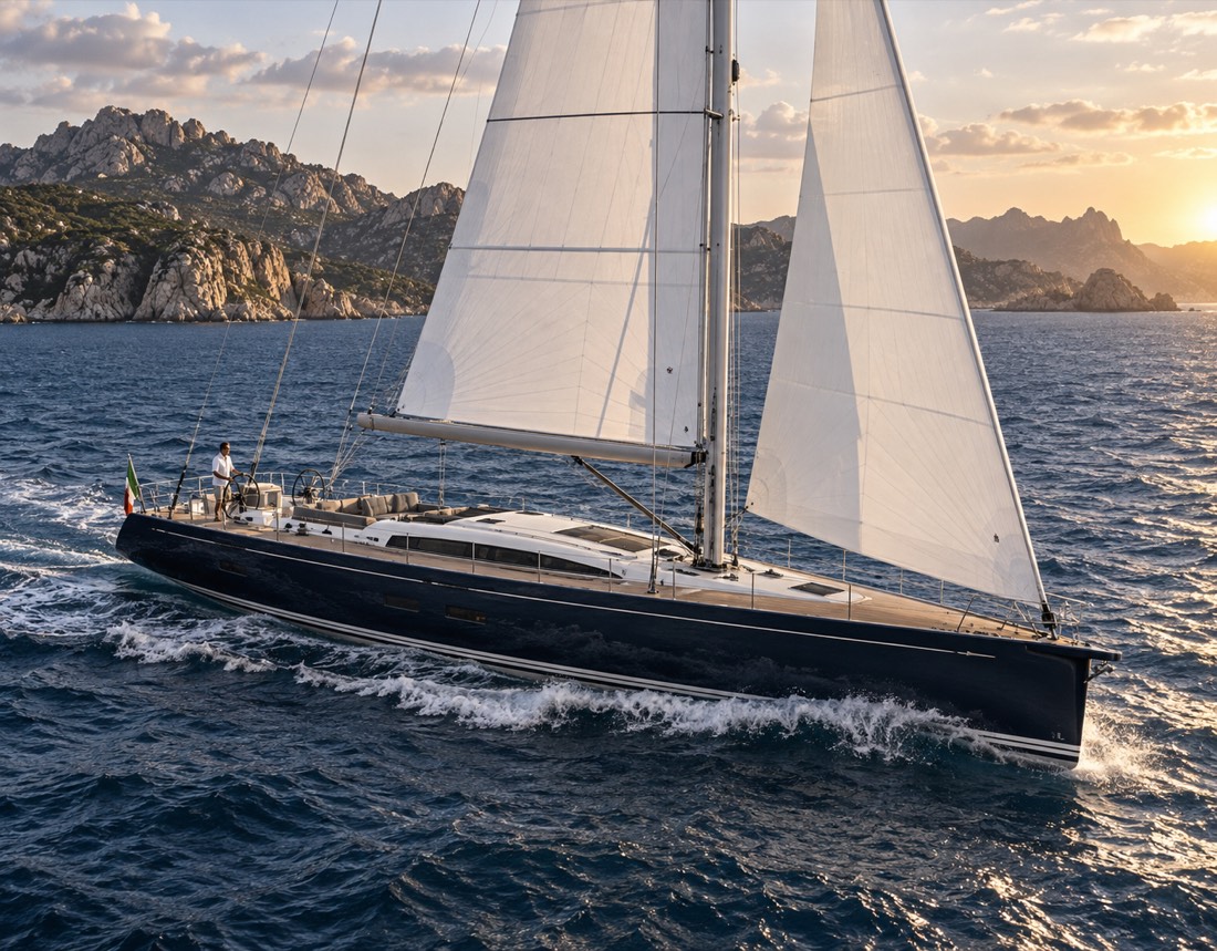 Illustrative image of a navy-hulled sailing yacht off Sardinia