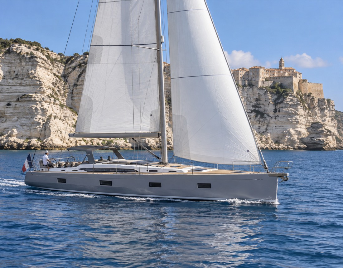 Illustrative image of a grey-hulled sailing yacht near Bonifacio