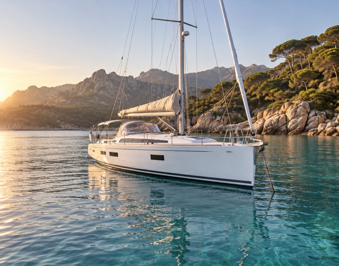 Illustrative image of a white sailing yacht at anchor in Corsica