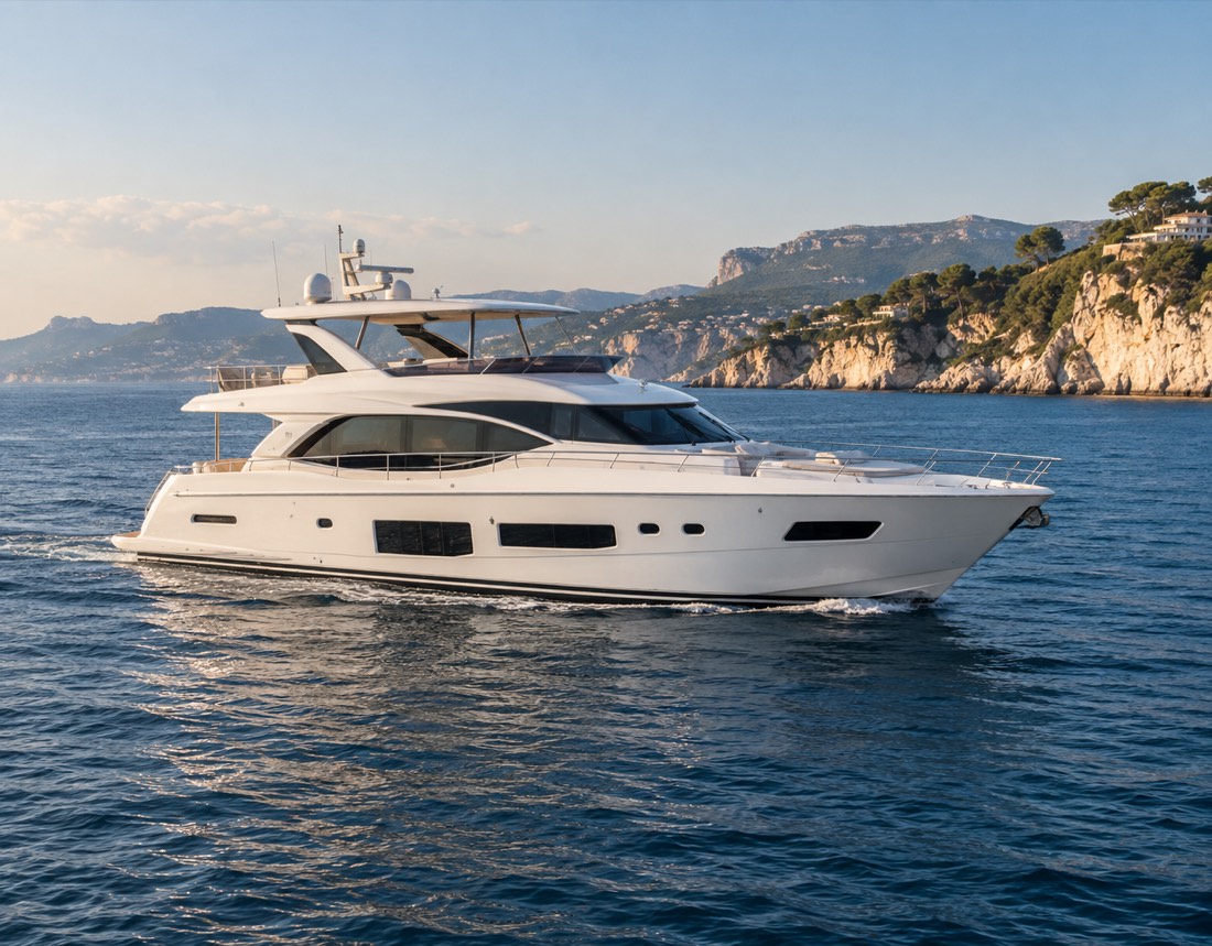 Illustrative image of a white flybridge motor yacht off the French Riviera